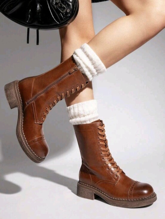 Shoes - Women's Mid-Calf Boots Fashion Motorcycle Boots Square Toe Lace-Up Riding Coffee